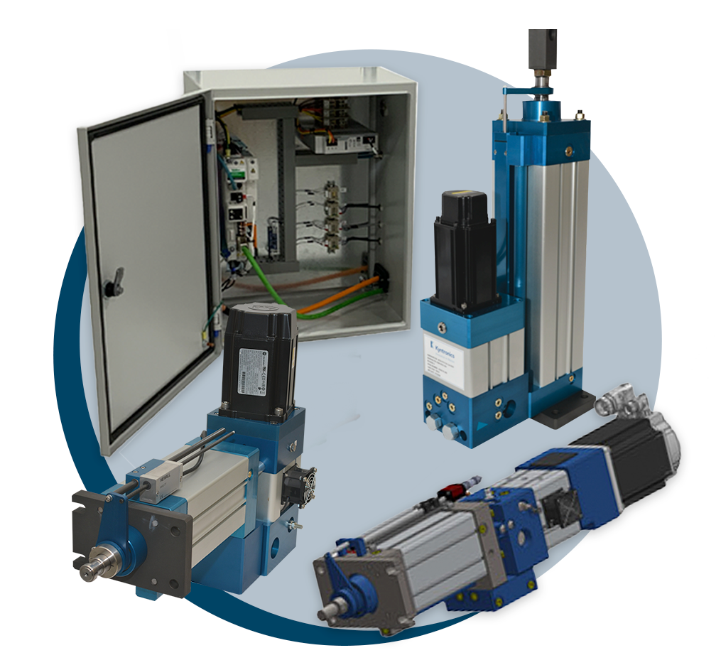 Kyntronics Hybrid Linear Servo Actuators shown in three configurations with controller
